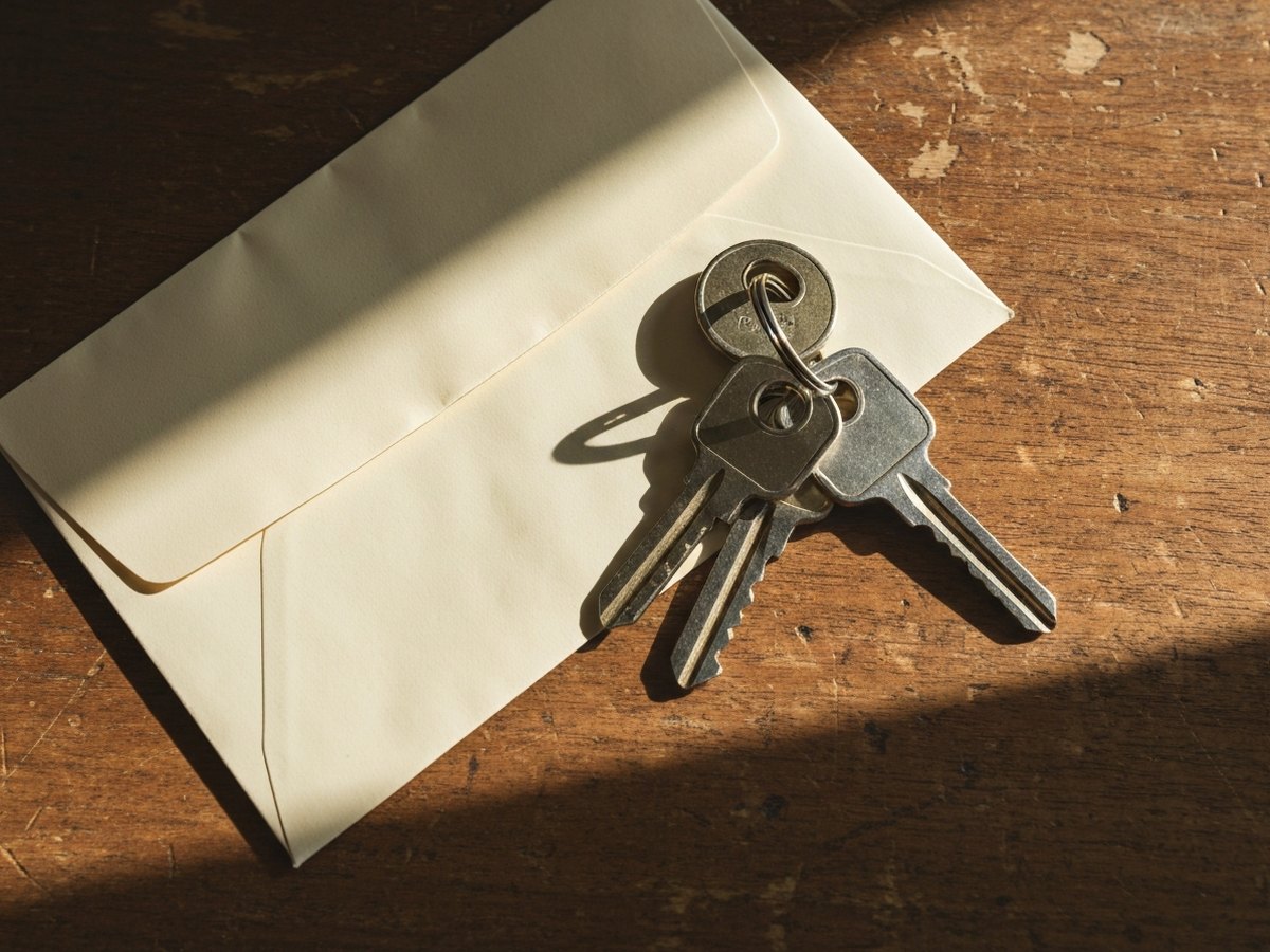 Two sets of house keys on a worn wooden table beside an empty envelope, afternoon light falling across them.