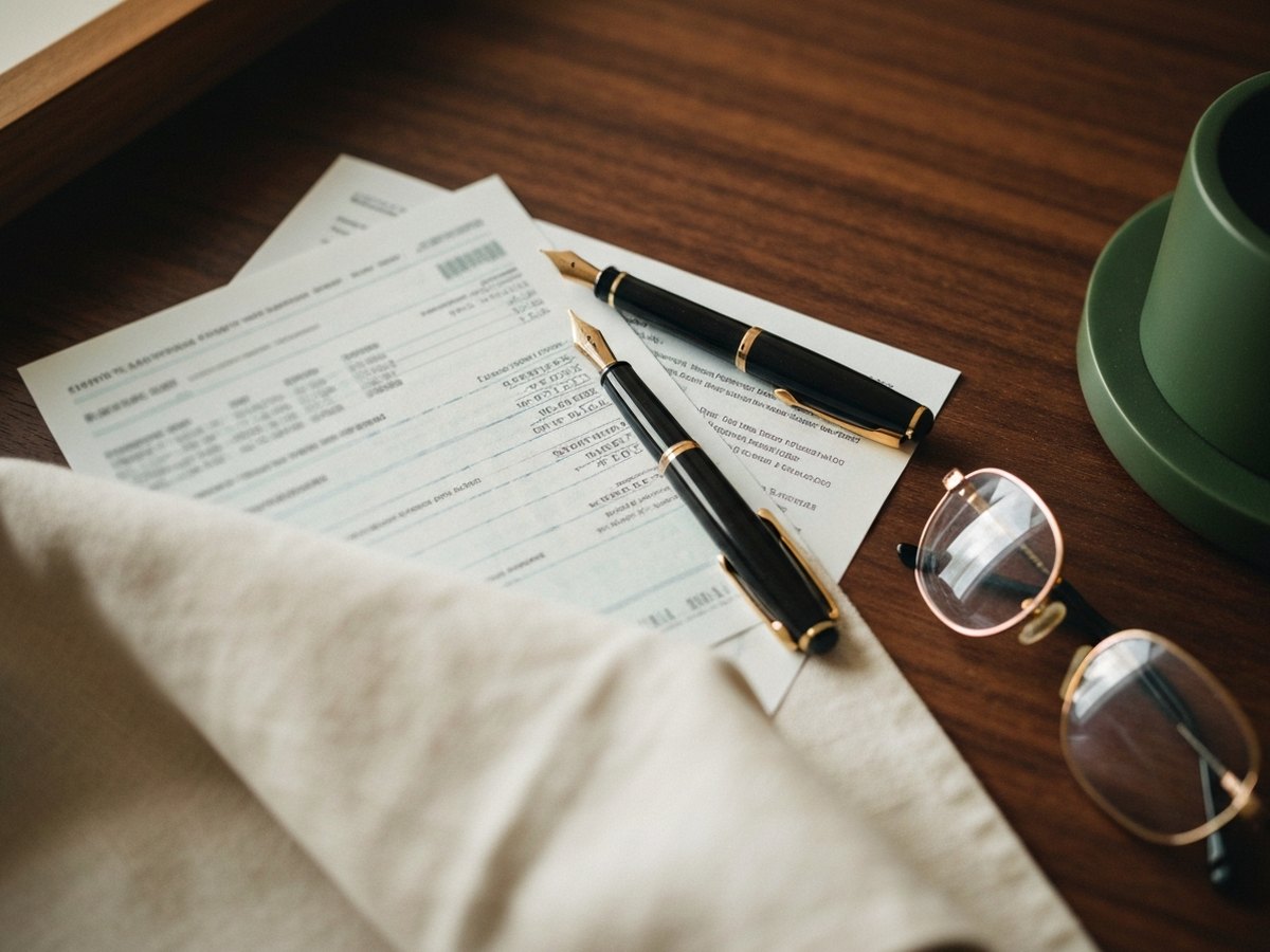 An overhead view of a bank statement, a pen, and reading glasses arranged on a walnut desk.