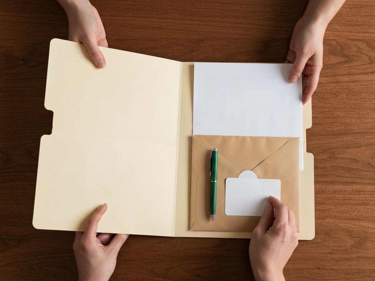 An overhead view of a folder being packed with documents, an envelope, and identification.