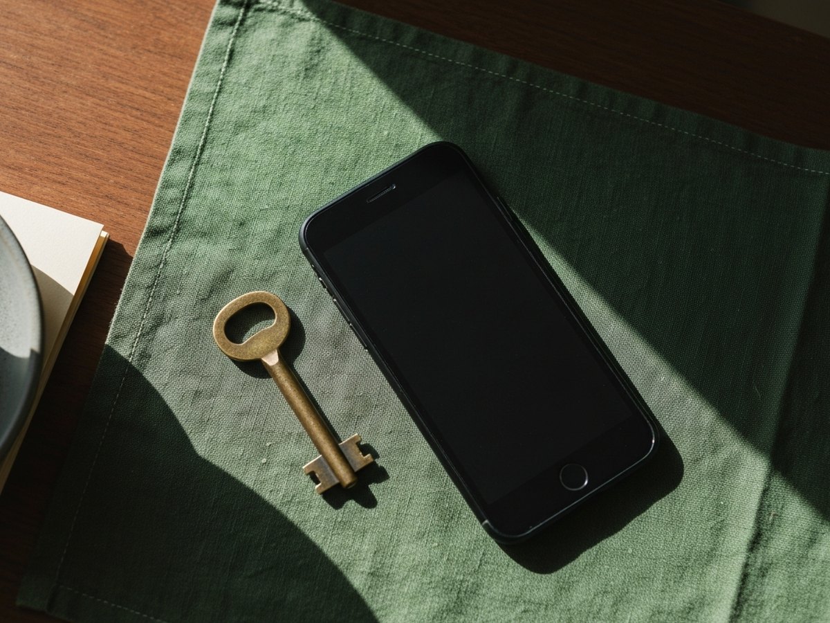 A brass key and a smartphone resting side by side on a wooden table.