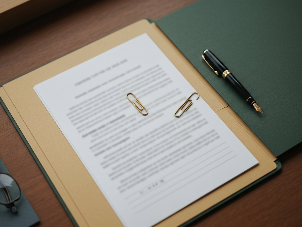 An open manila legal folder on a desk with blurred court papers, a pen and reading glasses.