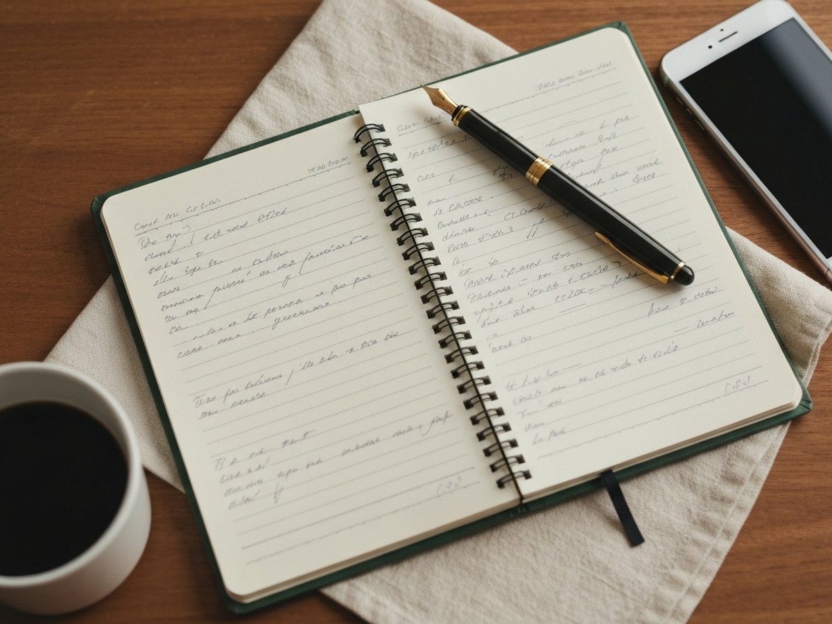 An overhead view of a notebook with a handwritten log beside a phone and a pen on a wooden table.