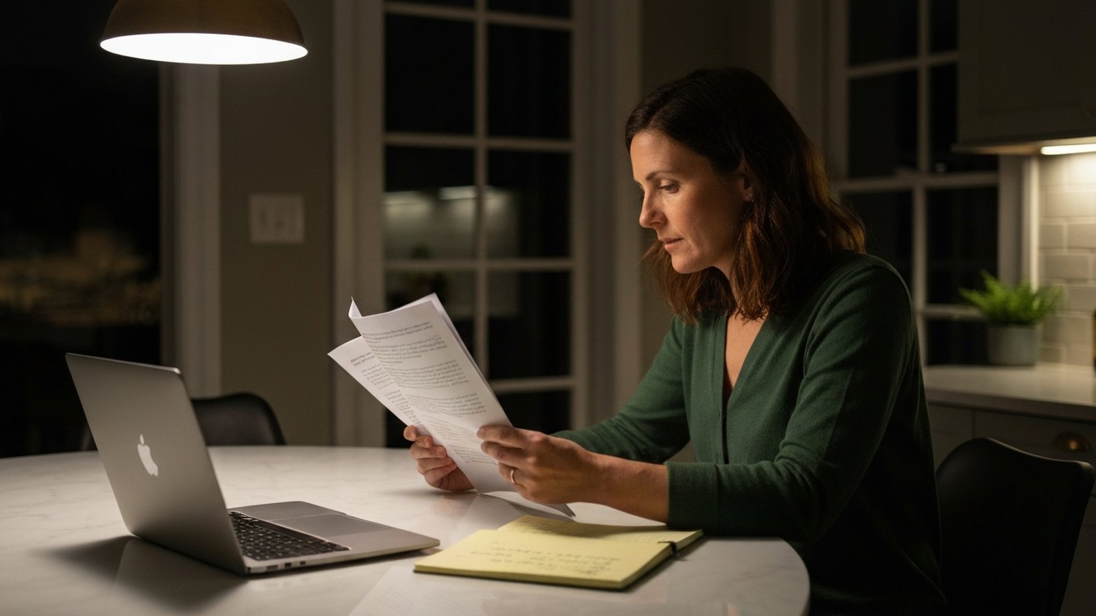 A woman at a kitchen table at night reviewing printed credit report pages and taking notes.