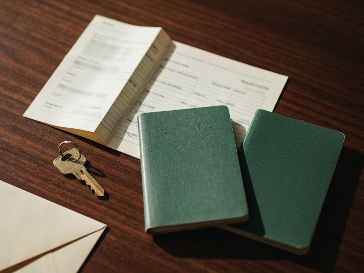 An overhead close-up of two bank passbooks and a folded statement on a dark wood table.