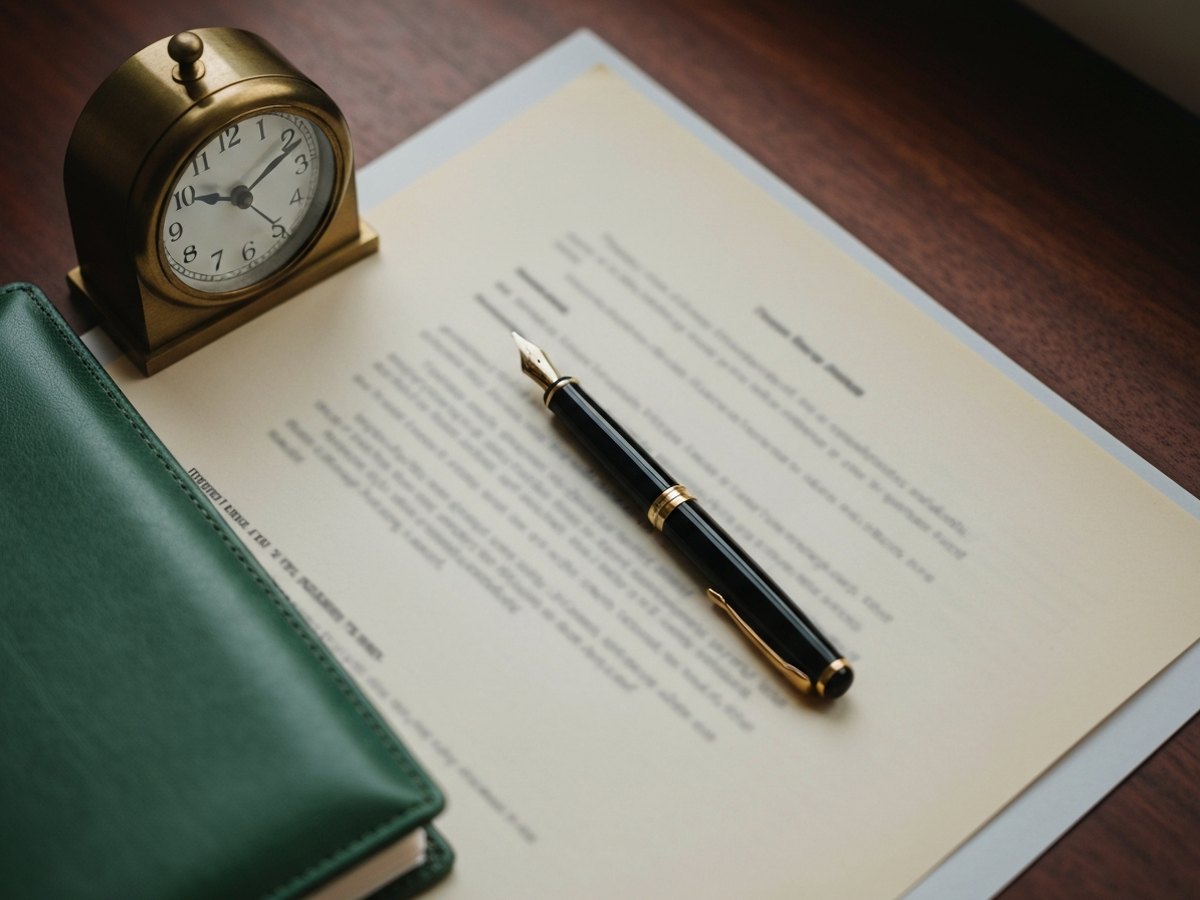 An overhead close-up of a fountain pen resting on a partially completed legal document beside a brass clock.
