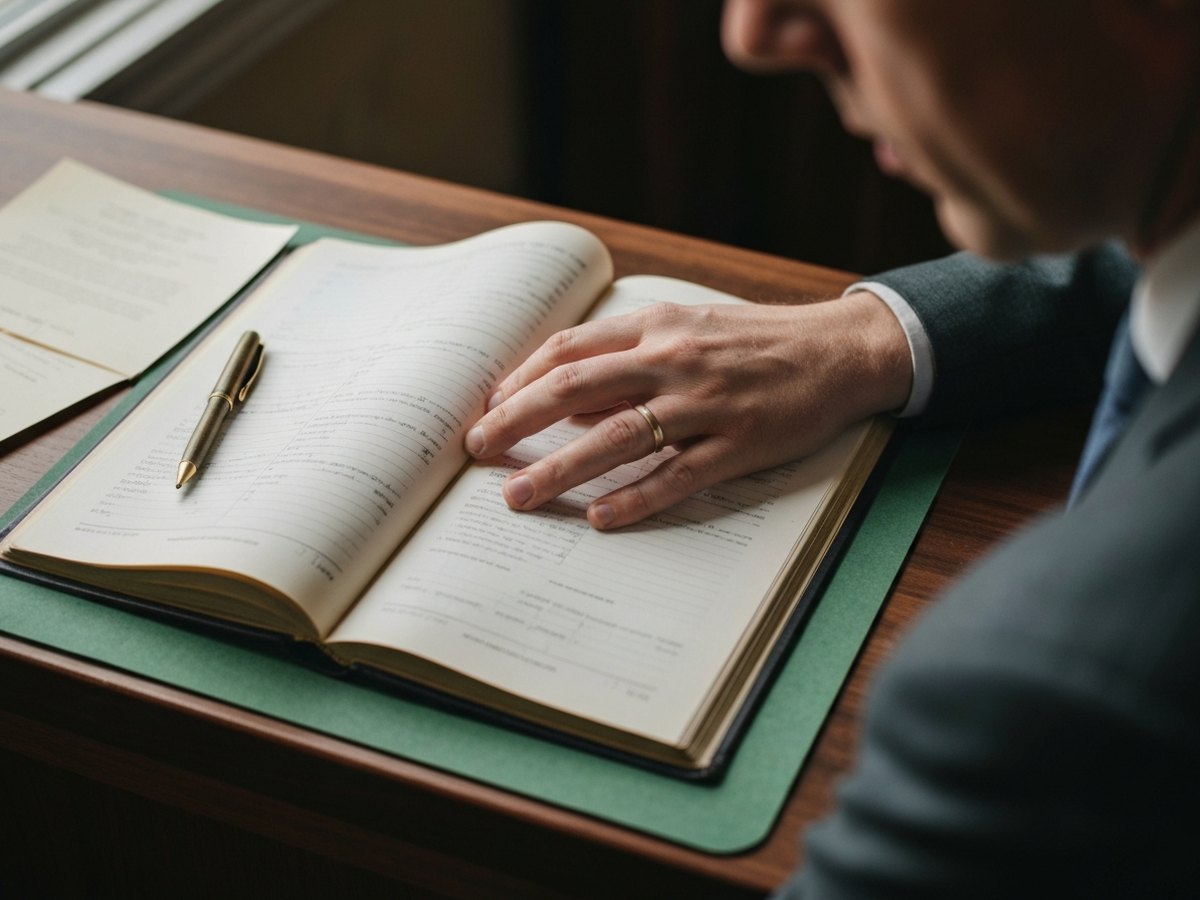 A hand tracing a line of entries in a thick land-records index book at a courthouse.