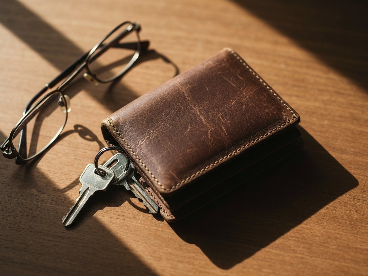 A worn leather wallet and a set of house keys resting on a wooden table beside a folded pair of reading glasses.