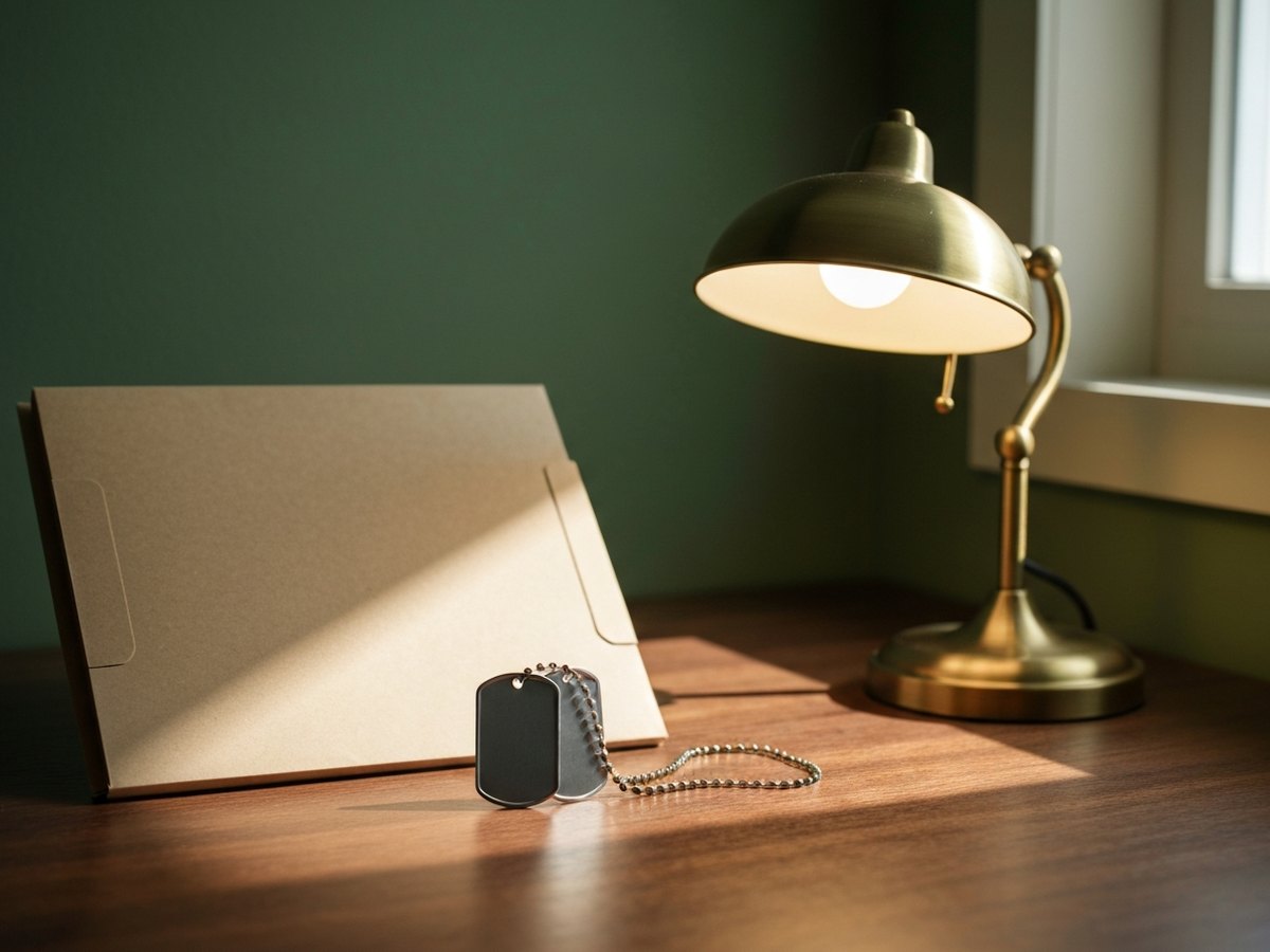 A set of dog tags resting on a wooden desk beside a closed manila folder and a brass desk lamp.
