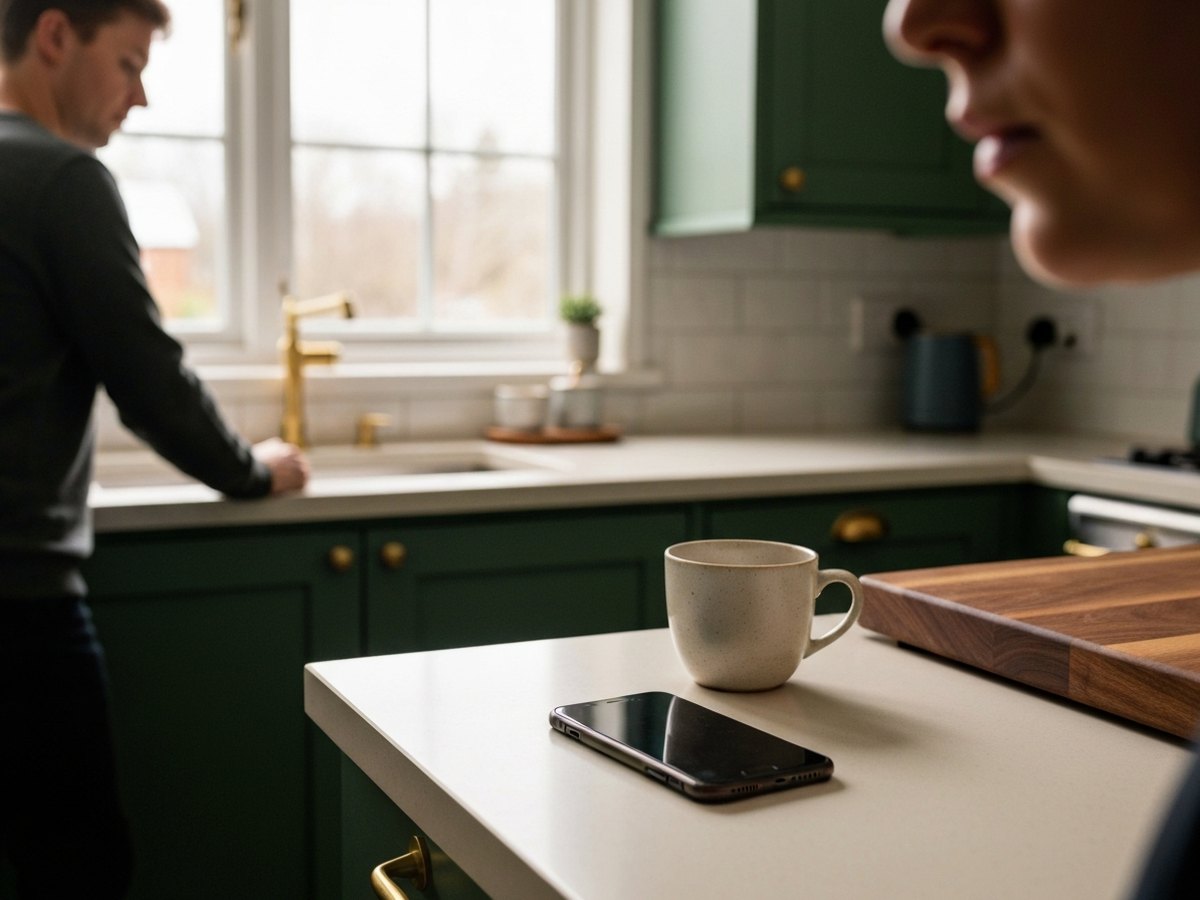 A smartphone lying face-down on a kitchen counter next to a cup of coffee, its owner out of focus in the background.