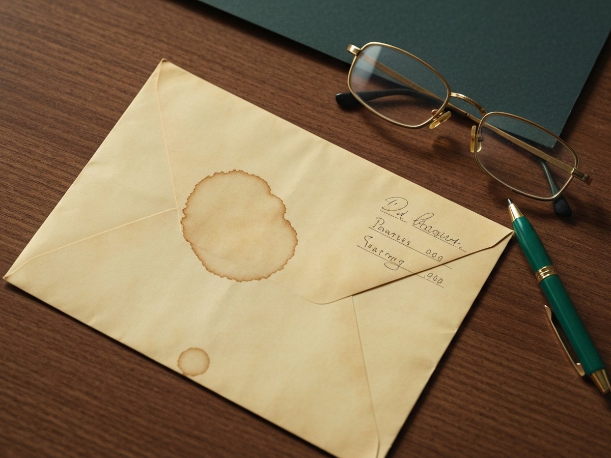 An old yellowed envelope with a coffee stain resting on a desk beside reading glasses.