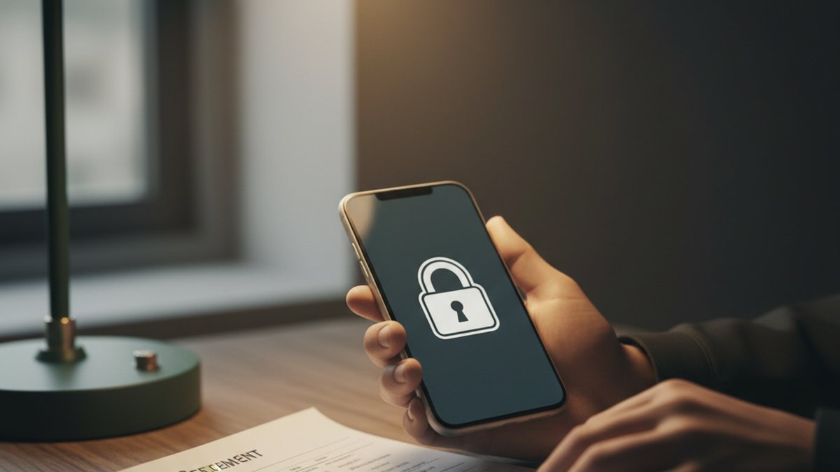 A person checking account security on a smartphone showing a padlock icon