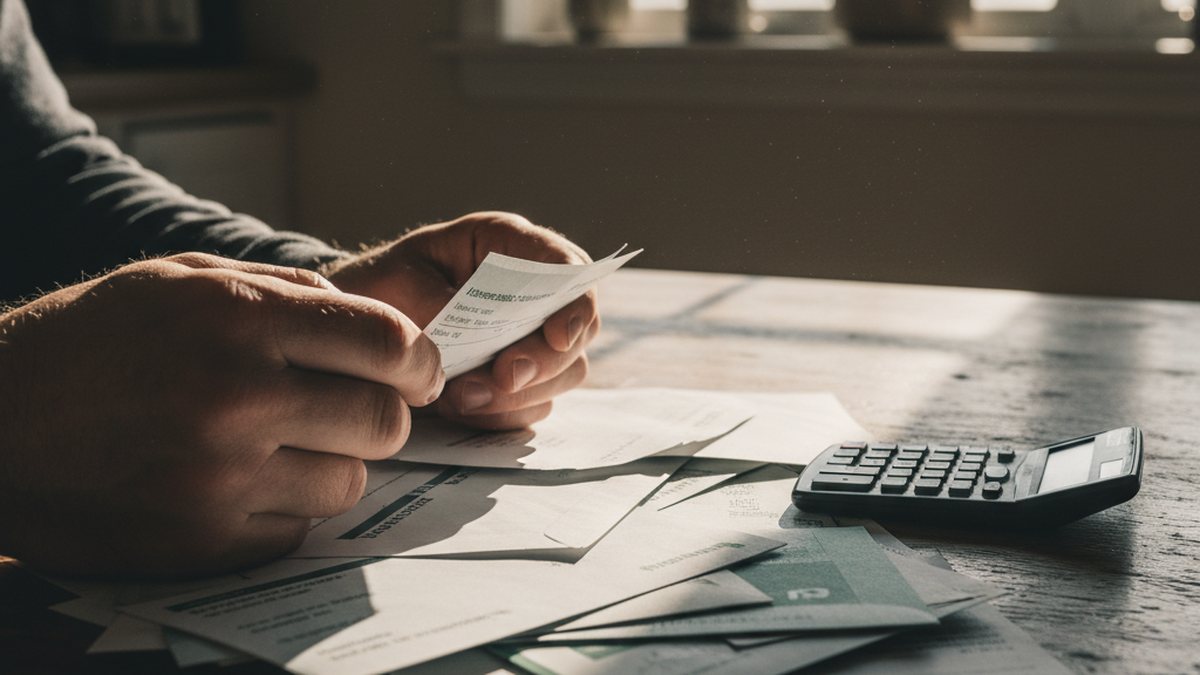 A worker reviewing a paycheck stub beside a stack of household bills